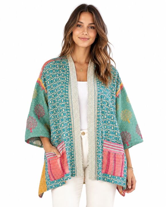 ButterCatCo Jackets & Blazers - ButterCatCo Kantha Quilted Patchwork Open Front Jacket Boho Pockets Artisan